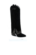 BLACK SUEDE KNEE HIGH BUCKLE DETAIL STUDDED COWBOY WESTERN SHARK BOOTS