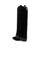 BLACK SUEDE KNEE HIGH BUCKLE DETAIL STUDDED COWBOY WESTERN SHARK BOOTS