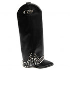 BLACK MATT TEXAN STYLE WESTERN COWBOY BOOTS WITH BUCKLE AND STUD DETAIL