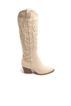 Women's Beige Western Knee-High Block Heel Cowgirl Boots