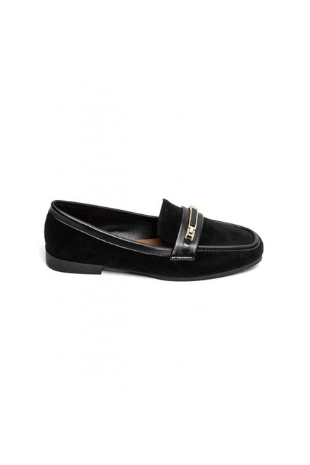 BLACK SUEDE GOLD DETAILED SLIP ON LOAFERS