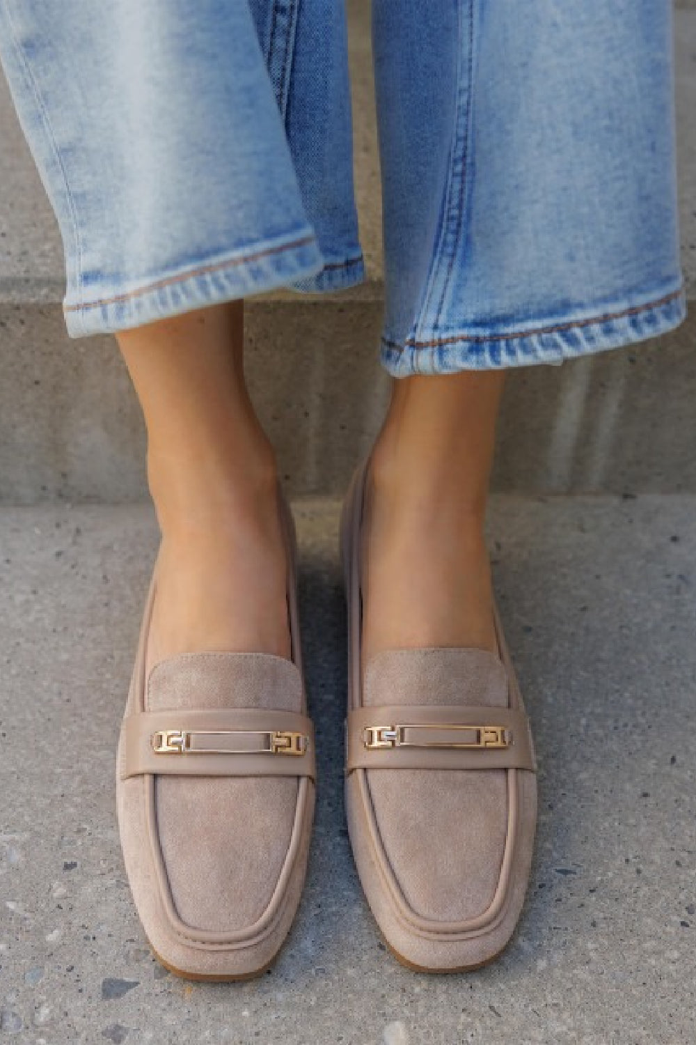 KHAKI SUEDE GOLD DETAILED SLIP ON LOAFERS