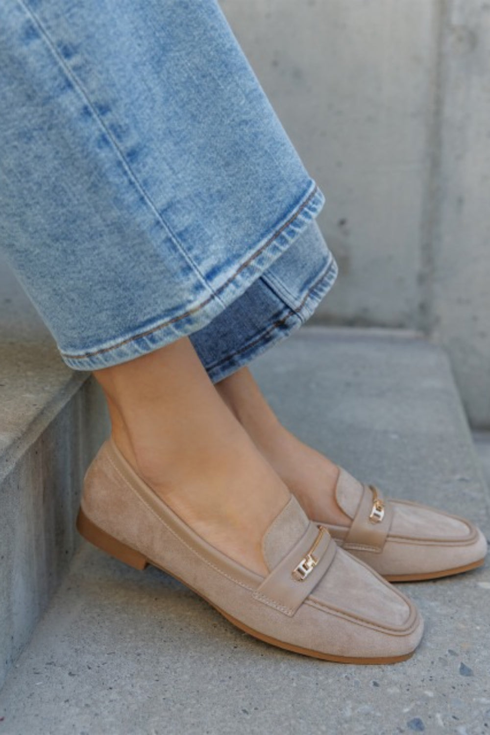 KHAKI SUEDE GOLD DETAILED SLIP ON LOAFERS