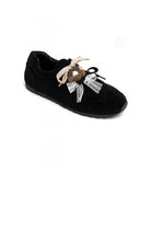 Ladies Black Flat Lace Up Chiffon Bowknot Flower Shoe lace Decoration Trainers