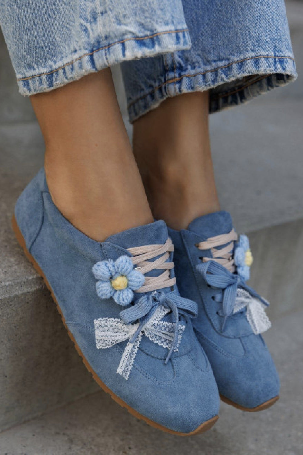 Ladies Blue Flat Lace Up Chiffon Bowknot Flower Shoe lace Decoration Trainers
