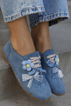 Ladies Blue Flat Lace Up Chiffon Bowknot Flower Shoe lace Decoration Trainers