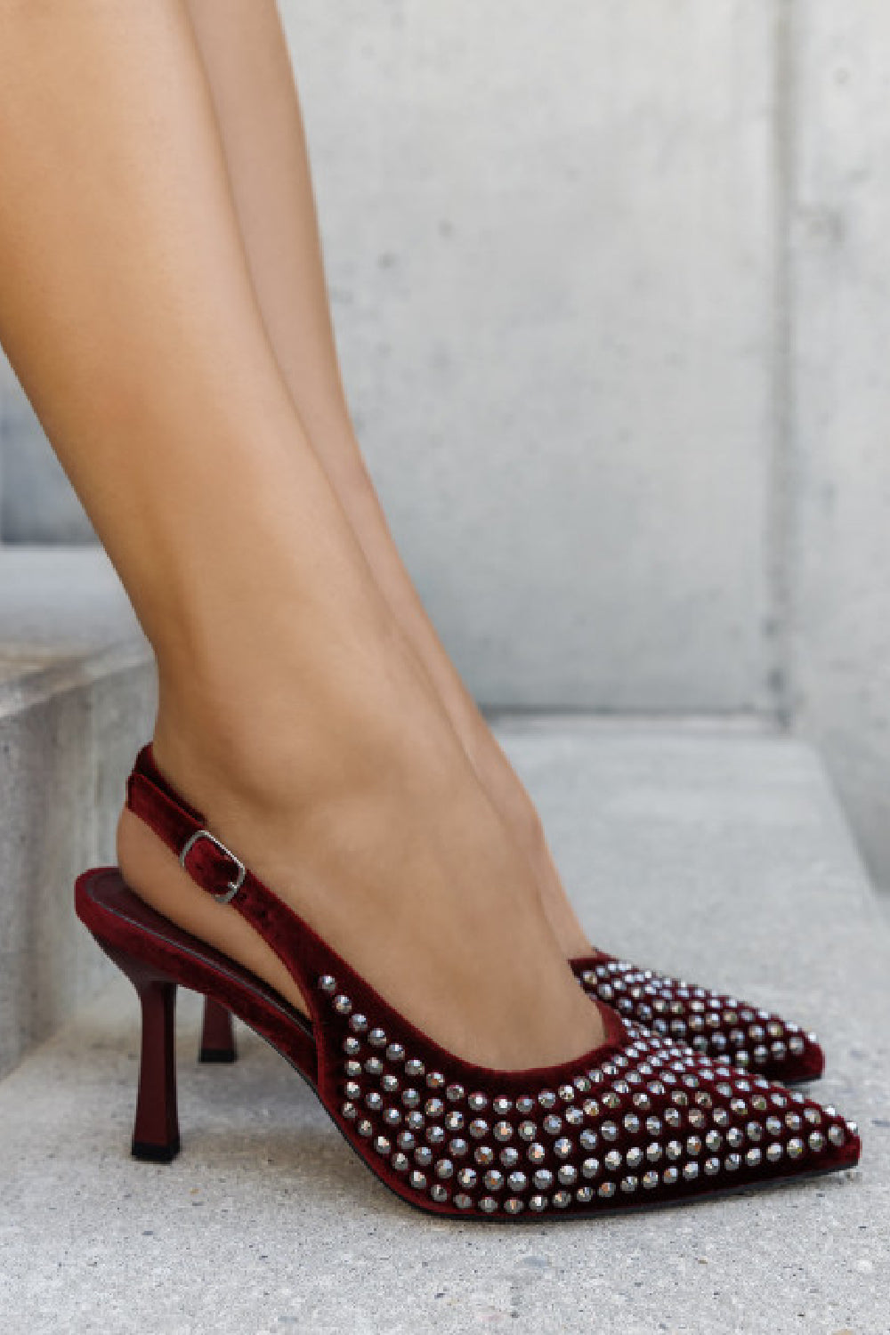 WOMEN'S SLINGBACK PARTY HEELED SANDALS RHINESTONE DETAIL COURT SHOES IN WINE RED