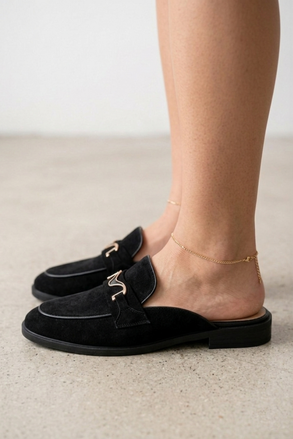 Women's Black Faux Suede Loafer Mules with Gold Hardware | Wholesale