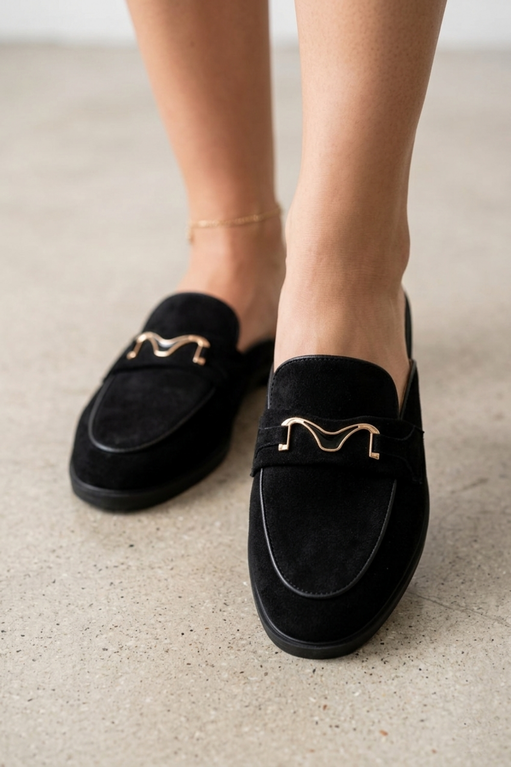 Women's Black Faux Suede Loafer Mules with Gold Hardware | Wholesale