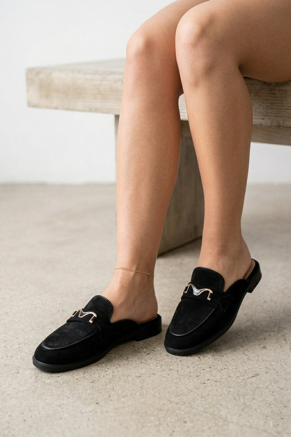 Women's Black Faux Suede Loafer Mules with Gold Hardware | Wholesale