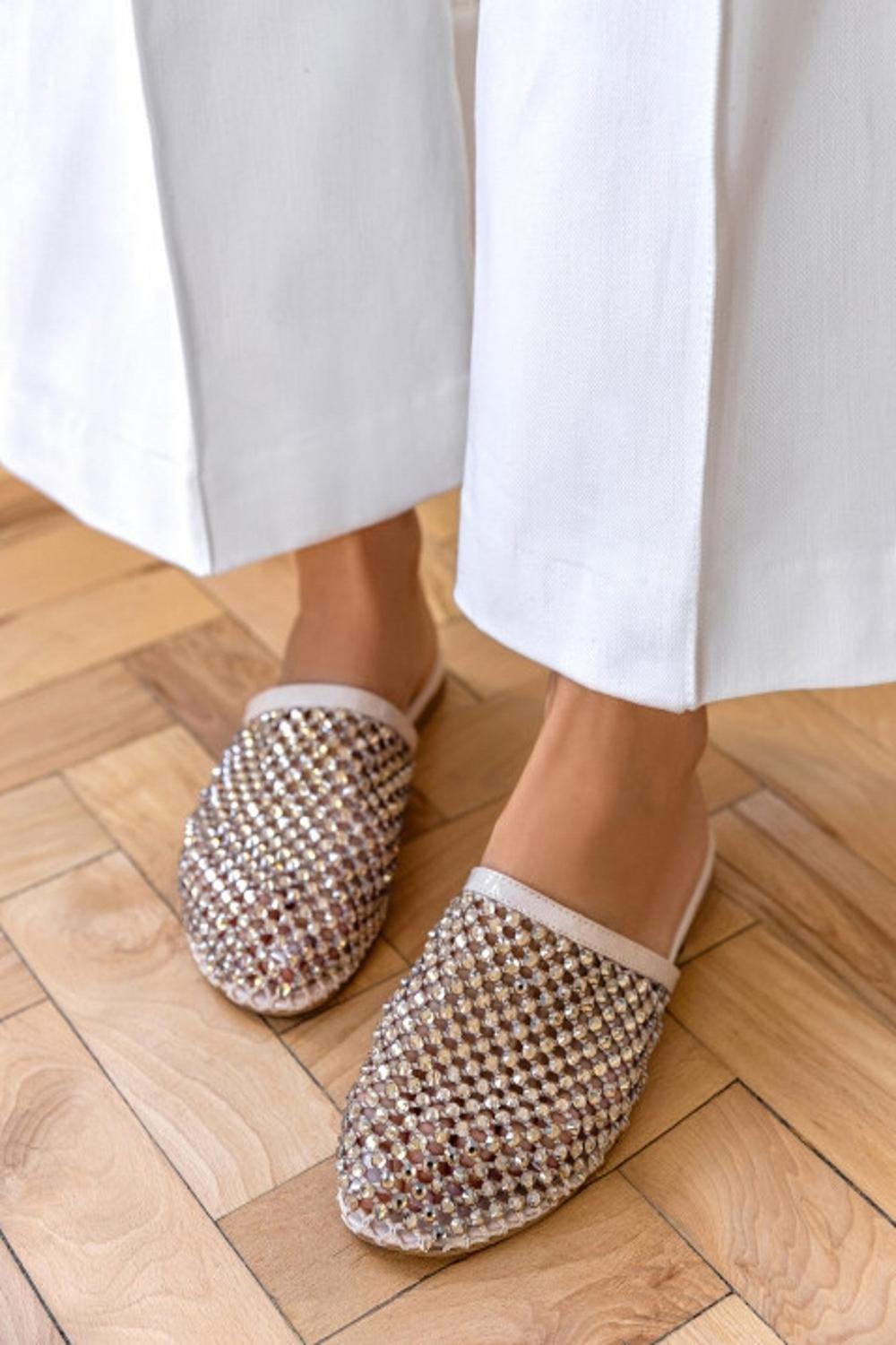 Nude Rhinestone Studded Mule Flats Women’s Statement Slip-On Loafers
