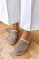 Nude Rhinestone Studded Mule Flats Women’s Statement Slip-On Loafers