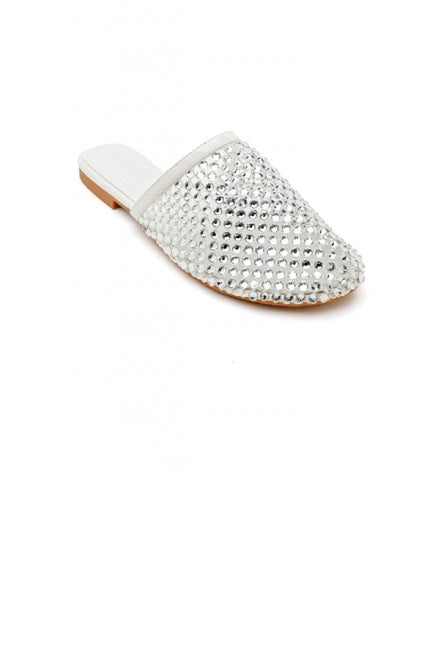 White Rhinestone Studded Mule Flats Women’s Statement Slip-On Loafers
