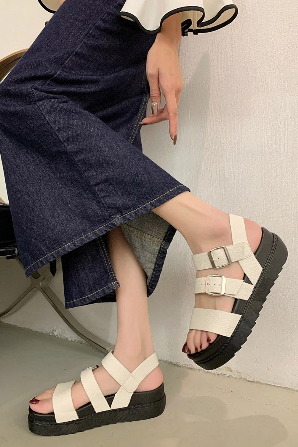 Beige PU Textured Strappy Chunky Platform Sandals