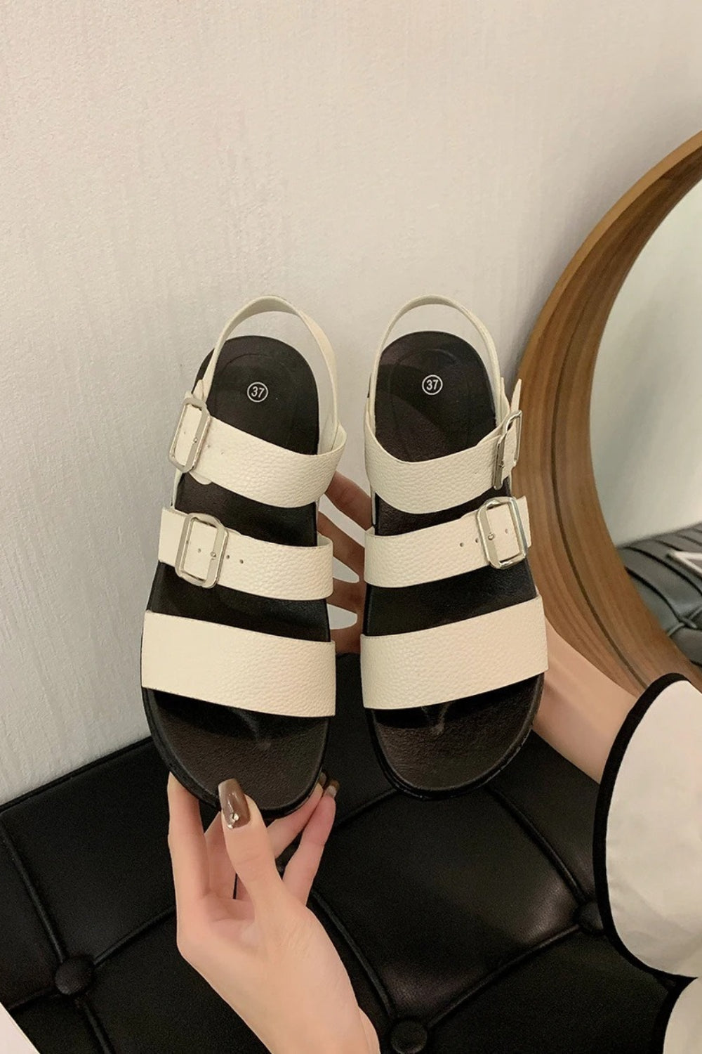 Beige PU Textured Strappy Chunky Platform Sandals
