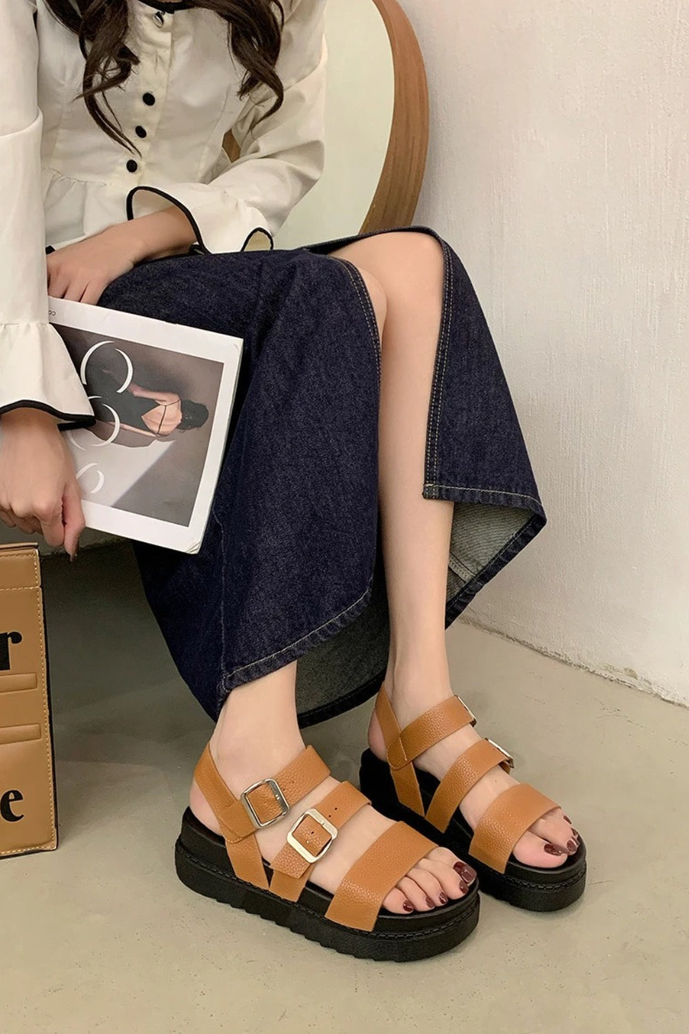 Tan PU Textured Strappy Chunky Platform Sandals