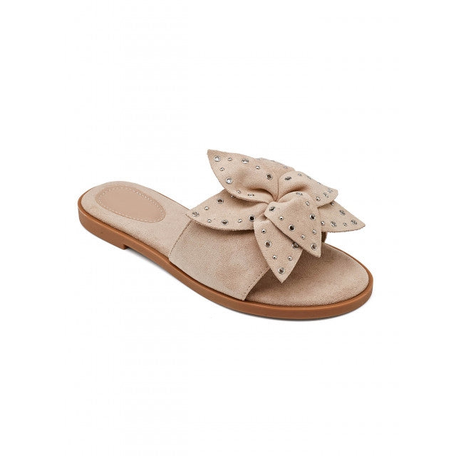 Women’s Beige Bow Sandals Flat Slip-On Stud Detail Slides
