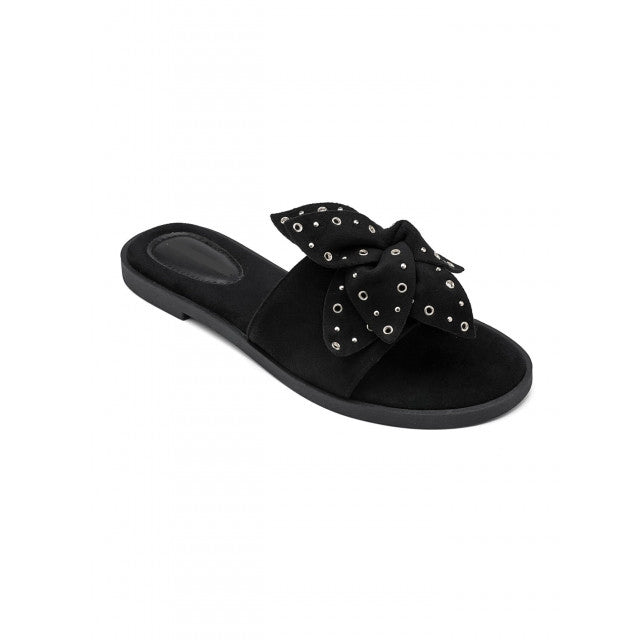 Women’s Black Bow Sandals Flat Slip-On Stud Detail Slides