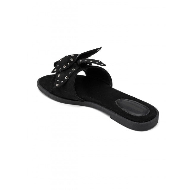 Women’s Black Bow Sandals Flat Slip-On Stud Detail Slides