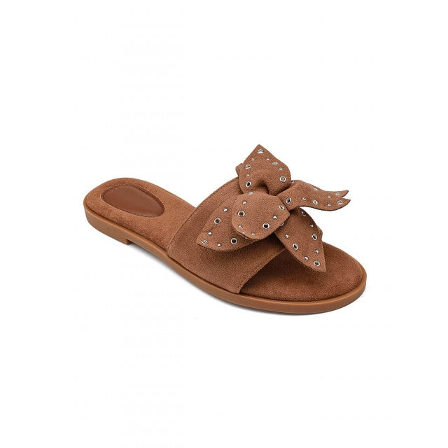 Women’s Camel Bow Sandals Flat Slip-On Stud Detail Slides