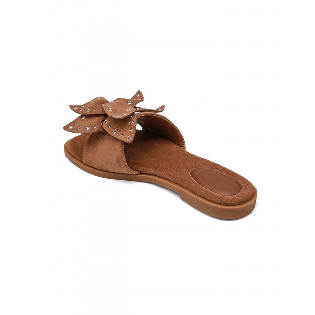 Women’s Camel Bow Sandals Flat Slip-On Stud Detail Slides