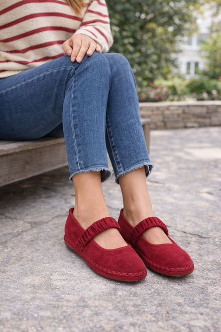 Red Faux Suede Mary Jane Flats with Ruched Strap Detail