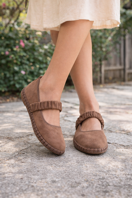 Brown Faux Suede Mary Jane Flats with Ruched Strap Detail