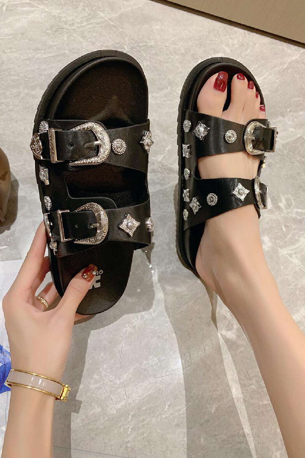 BLACK DOUBLE BUCKLE STRAPPY CHUNKY SANDALS