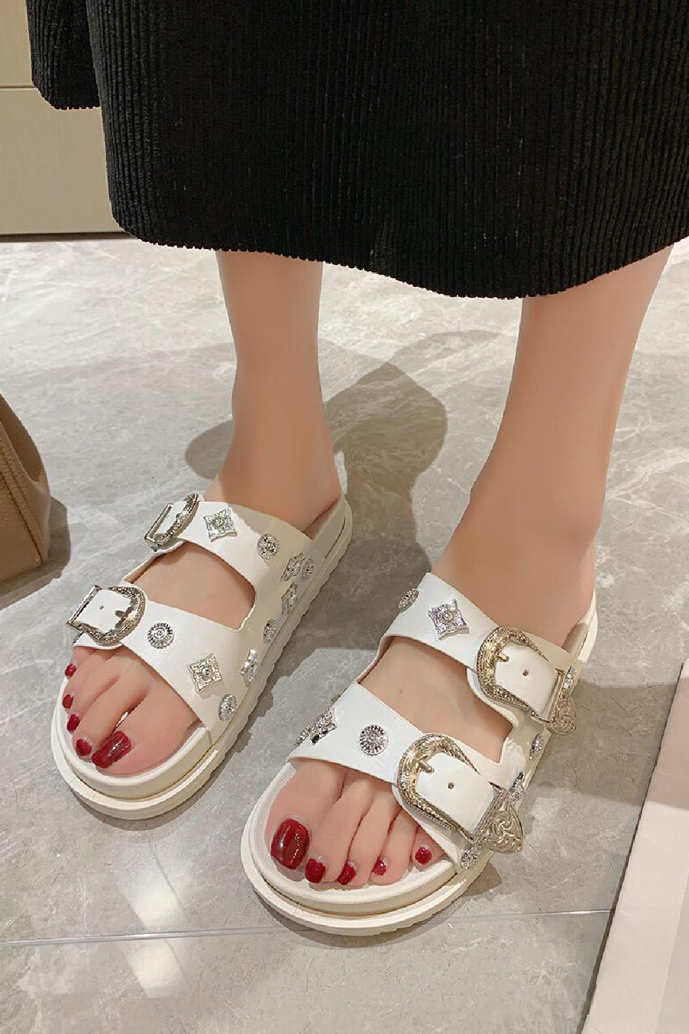 WHITE DOUBLE BUCKLE STRAPPY CHUNKY SANDALS