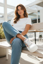 Women's White Canvas Chunky Platform Heart Print Trainers