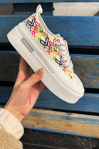 Women's White Canvas Chunky Platform Heart Print Trainers