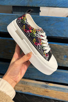 Women's Black Canvas Chunky Platform Heart Print Trainers