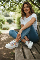 Women's White Canvas Chunky Platform Heart Print Trainers