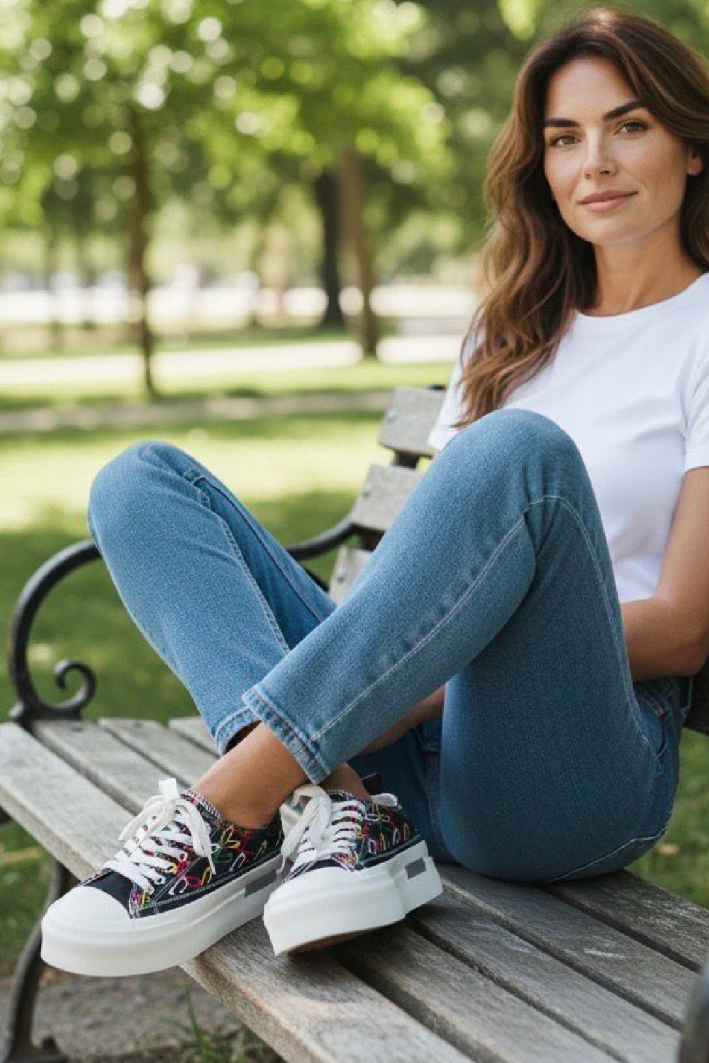 Women's Black Canvas Chunky Platform Heart Print Trainers