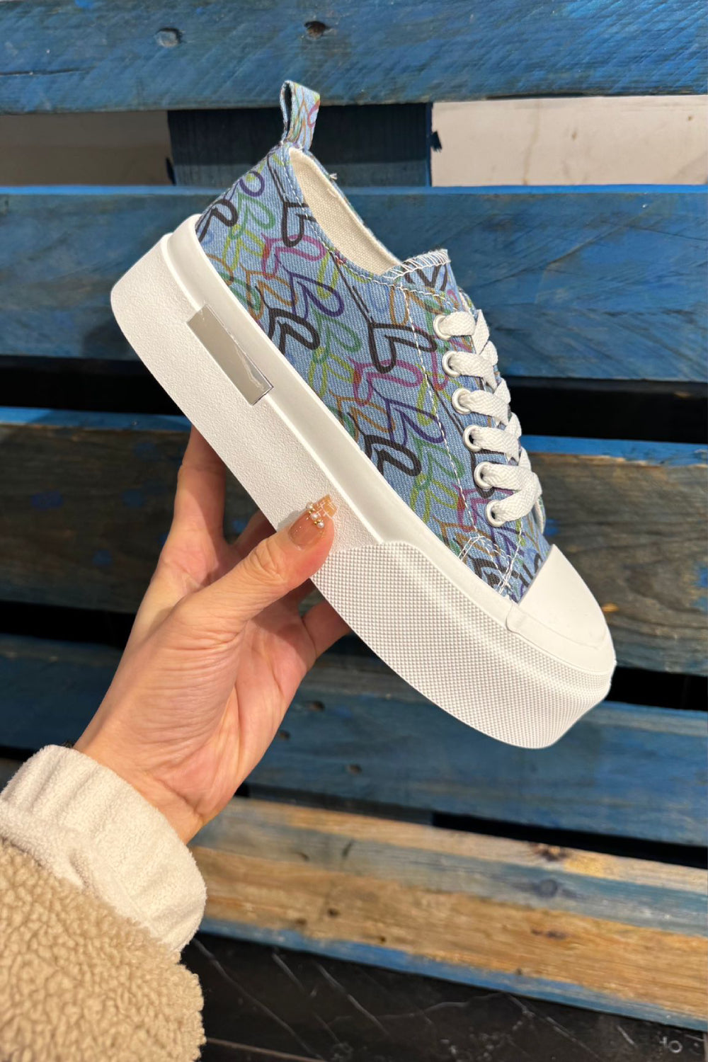 Women's Denim Blue Canvas Chunky Platform Heart Print Trainers