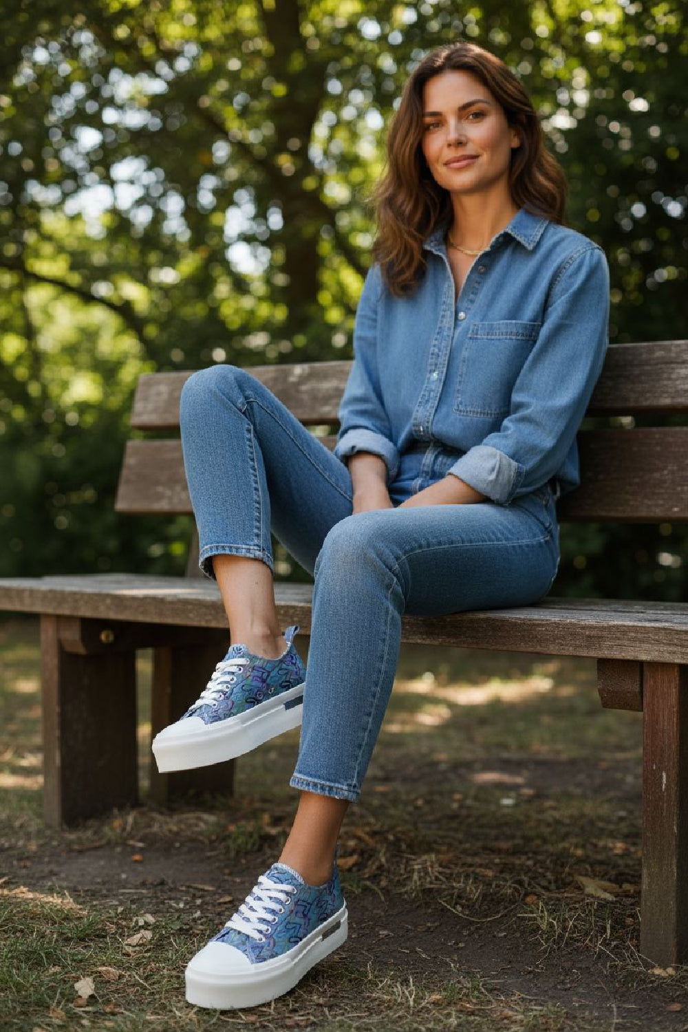 Women's Denim Blue Canvas Chunky Platform Heart Print Trainers