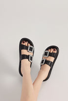 BLACK SPARKLY FLATS CRYSTAL BUCKLE DOUBLE BOW SANDALS