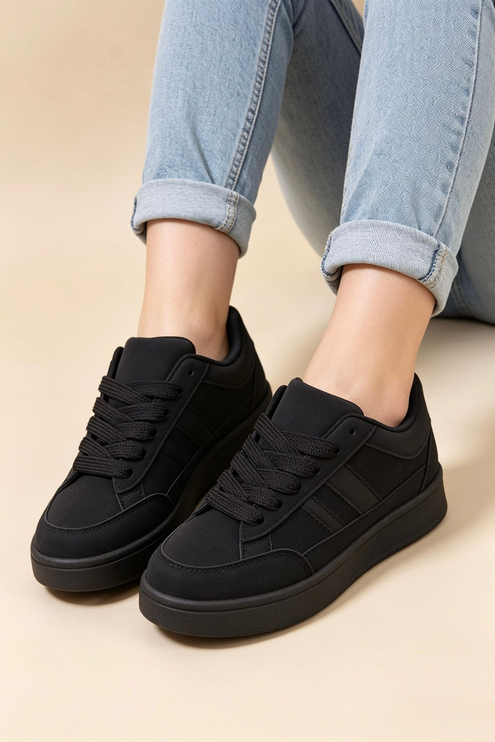 All Black Low Top Double Striped Casual Sneaker