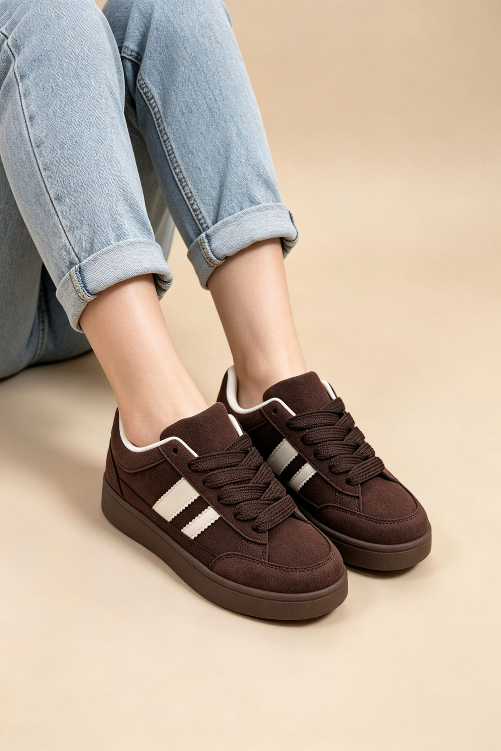 Brown Low Top Double Striped Casual Sneaker