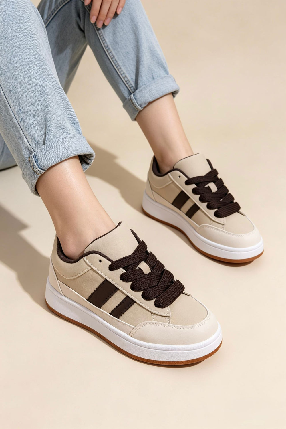 Beige Low Top Double Striped Casual Sneaker
