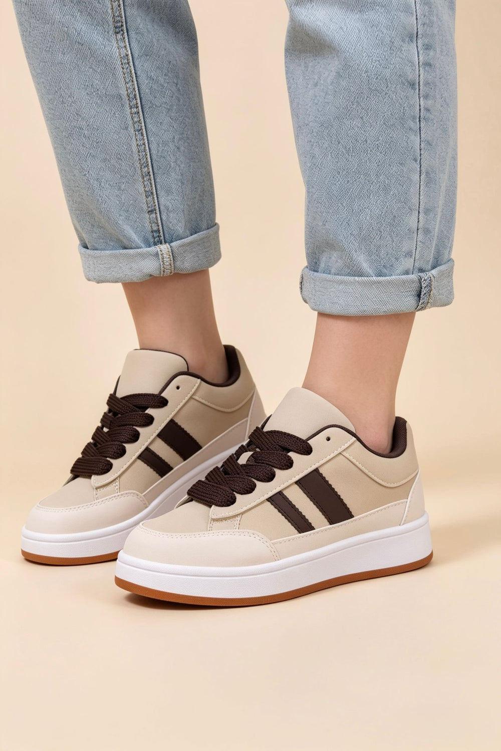 Beige Low Top Double Striped Casual Sneaker