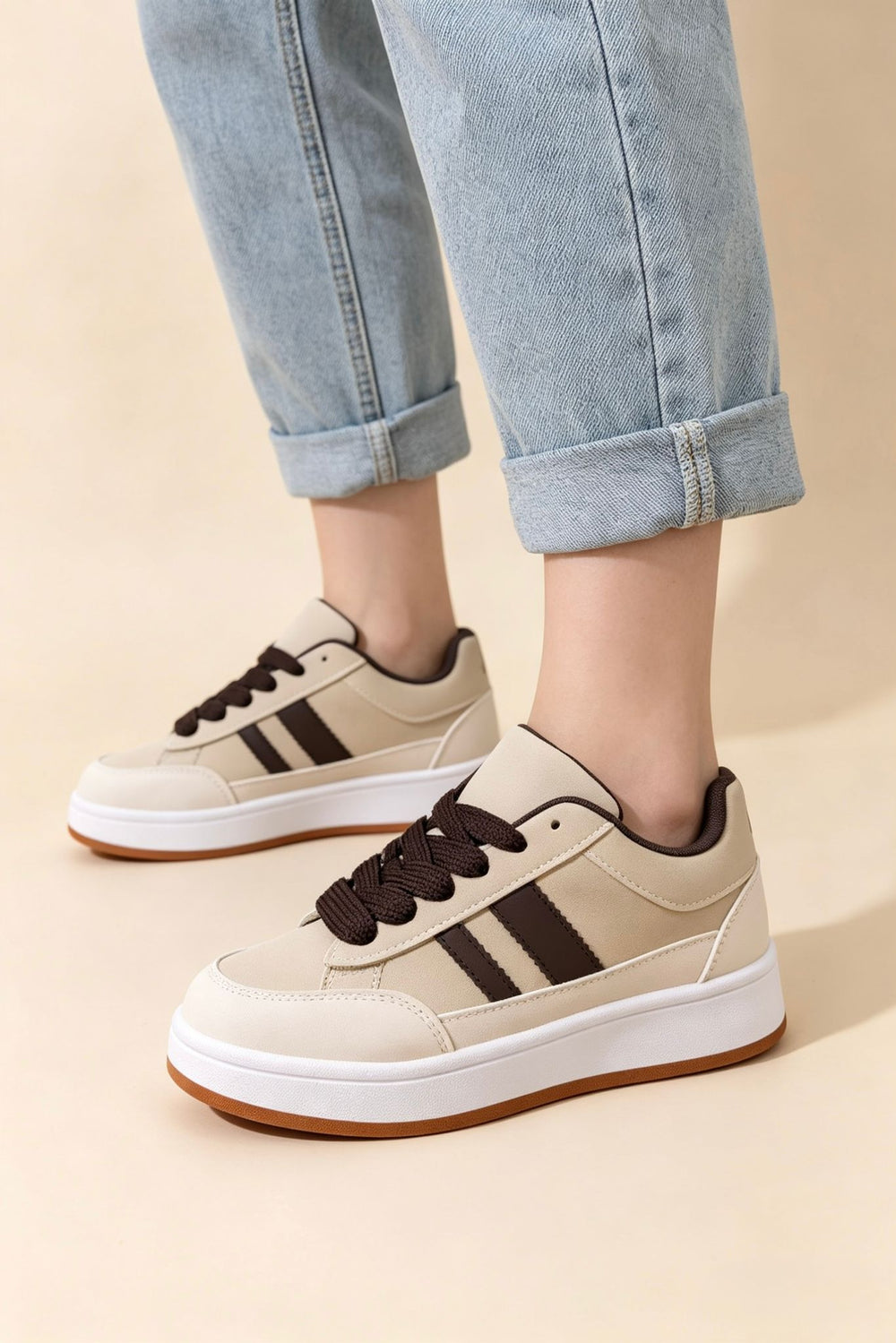 Beige Low Top Double Striped Casual Sneaker