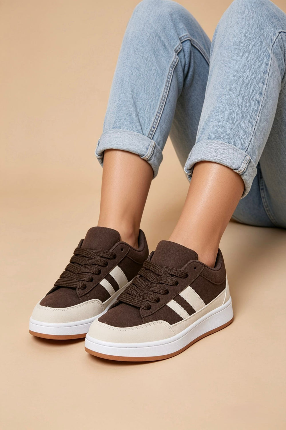 Brown Beige Low Top Double Striped Casual Sneaker