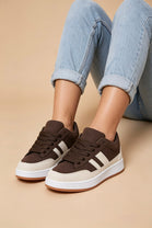 Brown Beige Low Top Double Striped Casual Sneaker