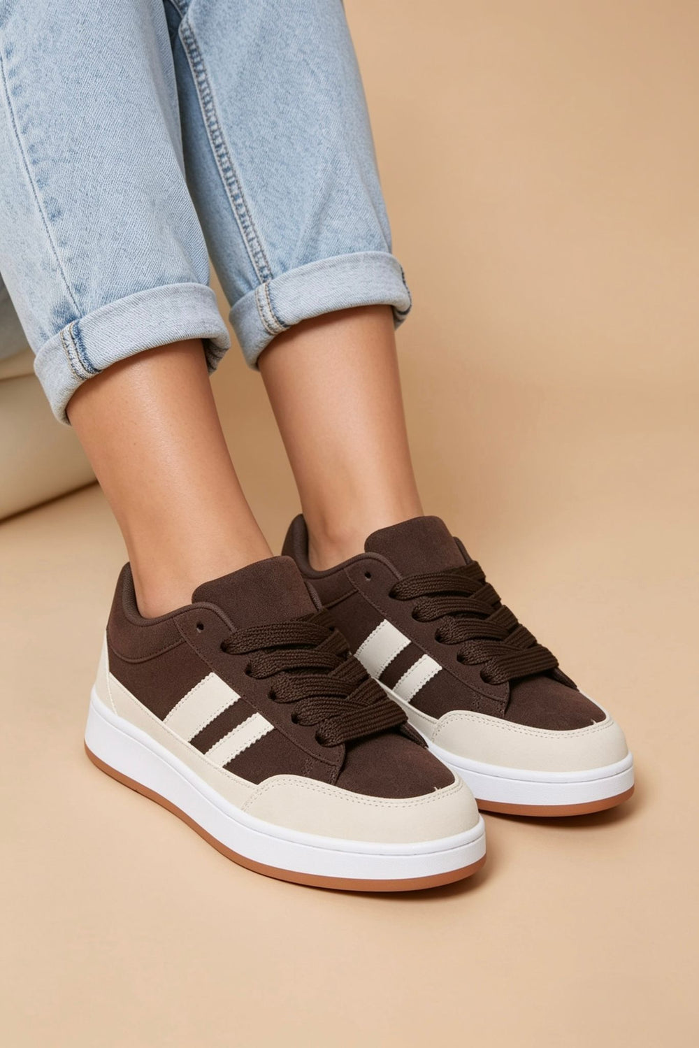 Brown Beige Low Top Double Striped Casual Sneaker