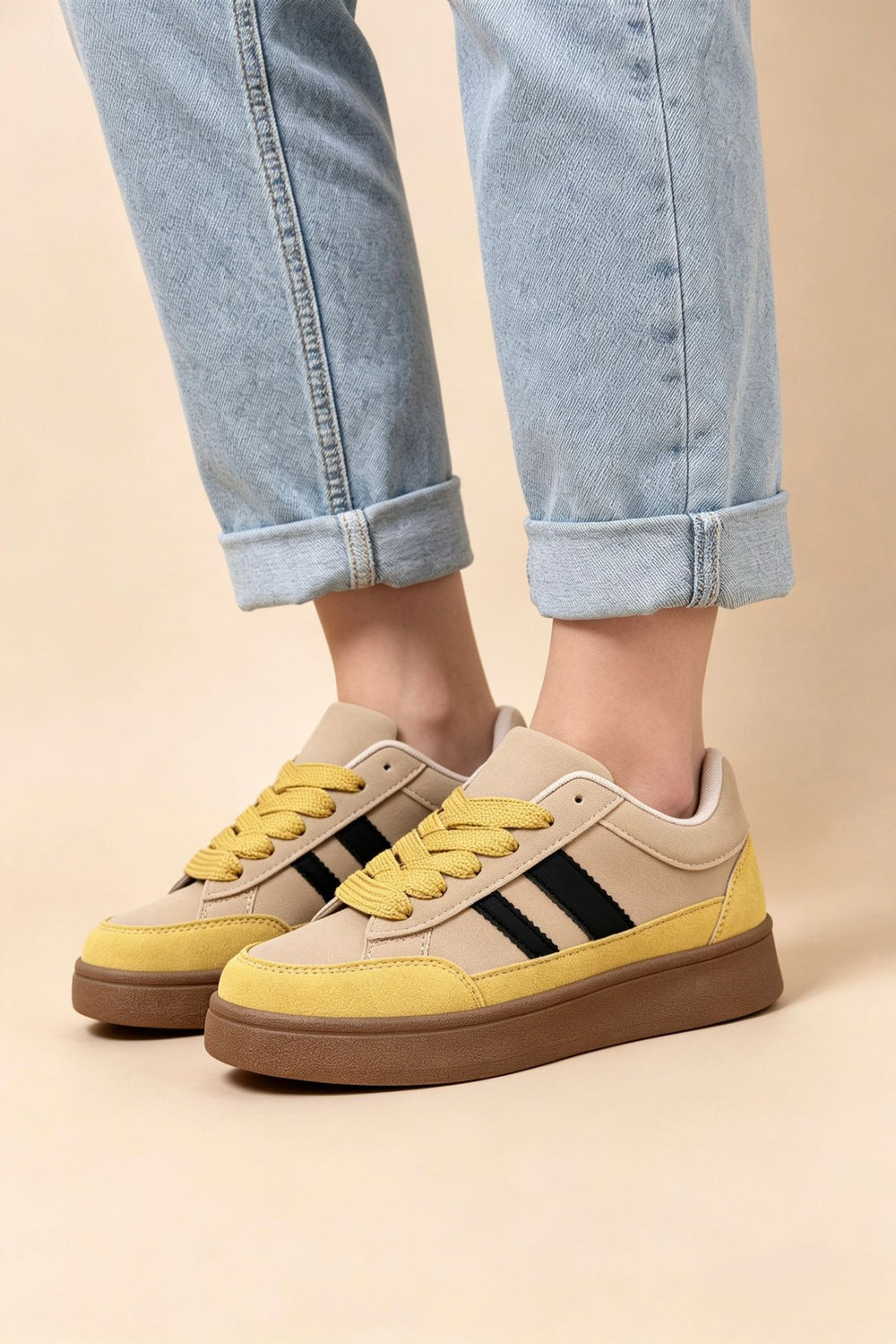 Khaki Low Top Double Striped Casual Sneaker