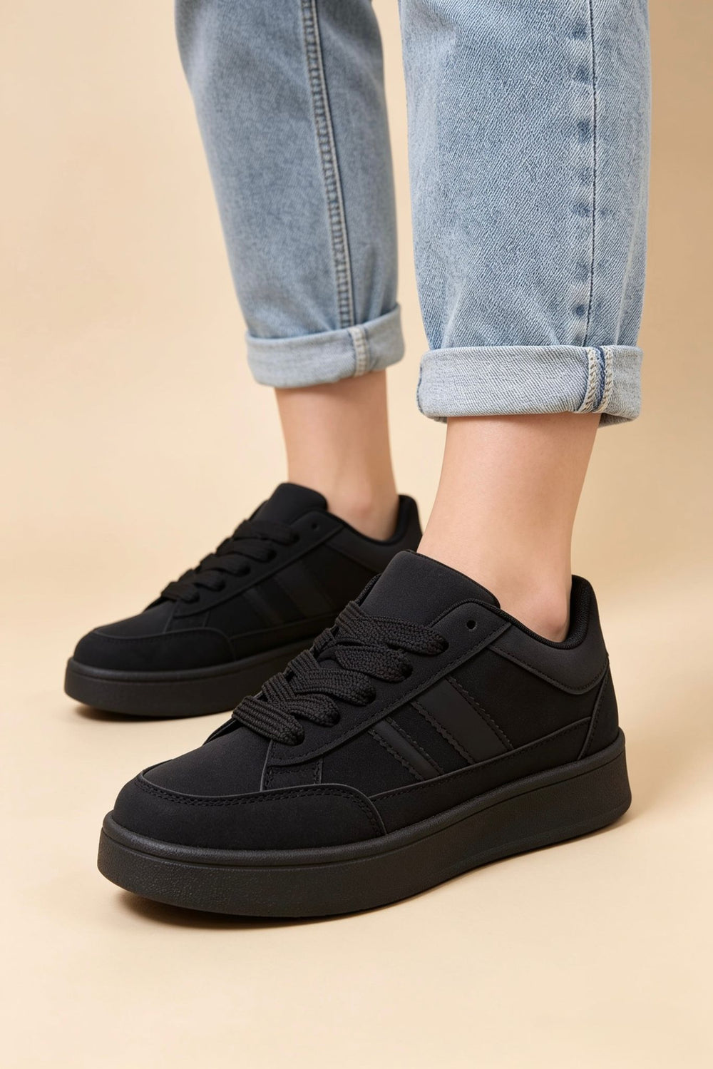 All Black Low Top Double Striped Casual Sneaker