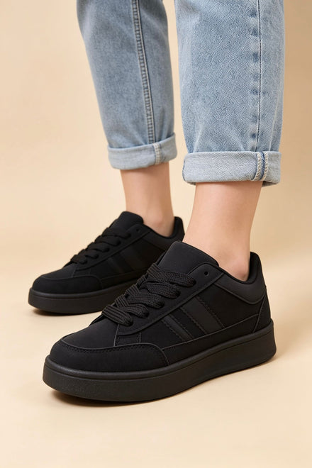 All Black Low Top Double Striped Casual Sneaker