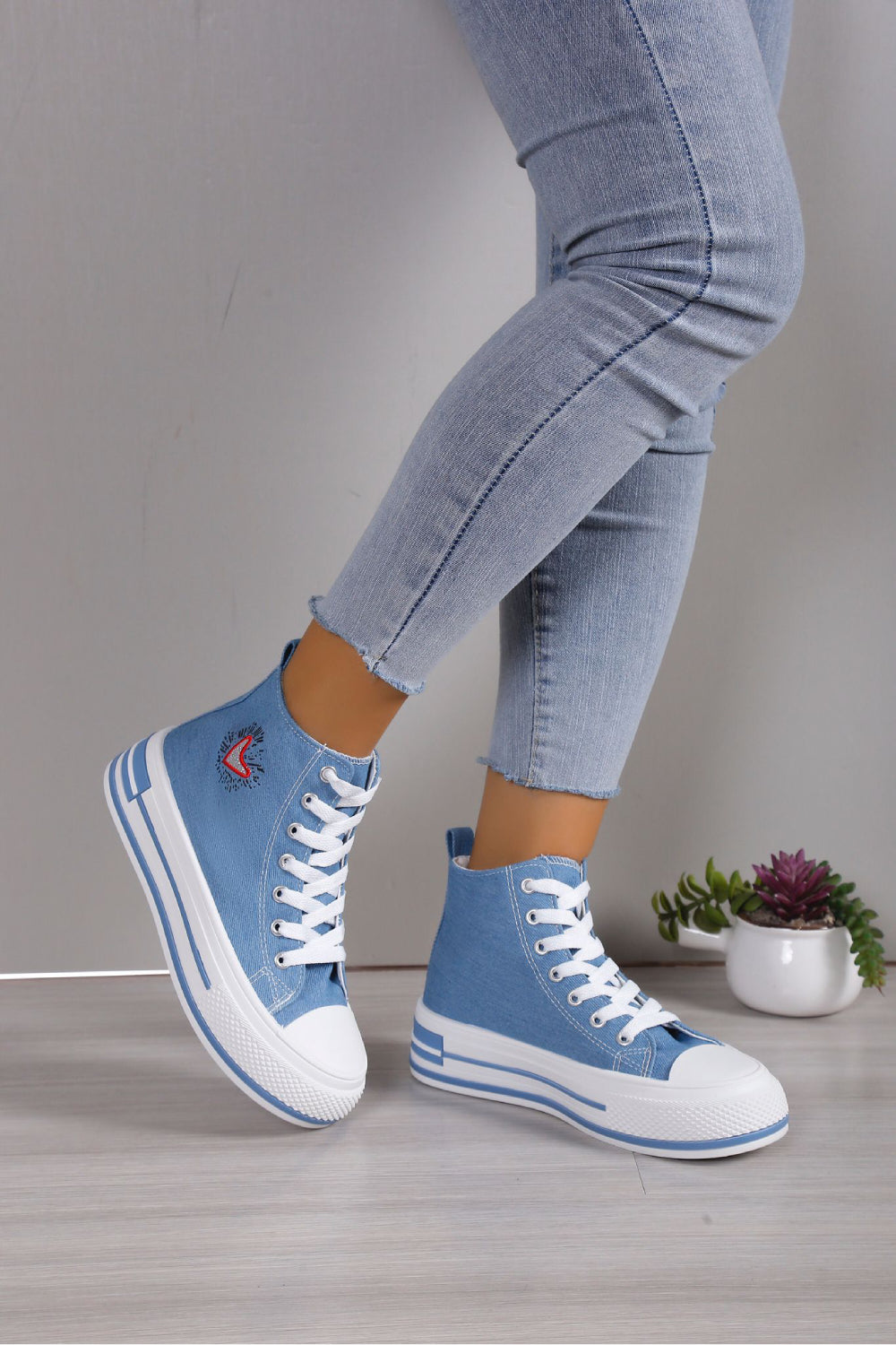 BLUE CANVAS HIGH TOP LACE UP SNEAKERS TRAINERS