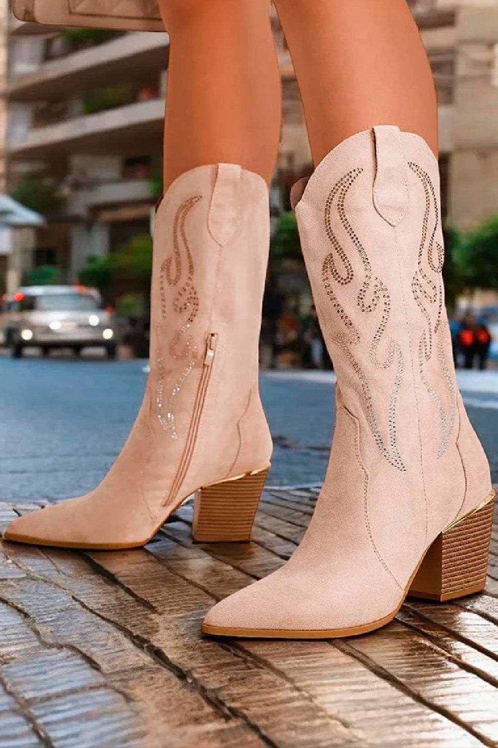 BEIGE SUEDE RHINESTONE SIDE DESIGN BLOCK HEEL COWBOY COWGIRL WESTERN BOOTS